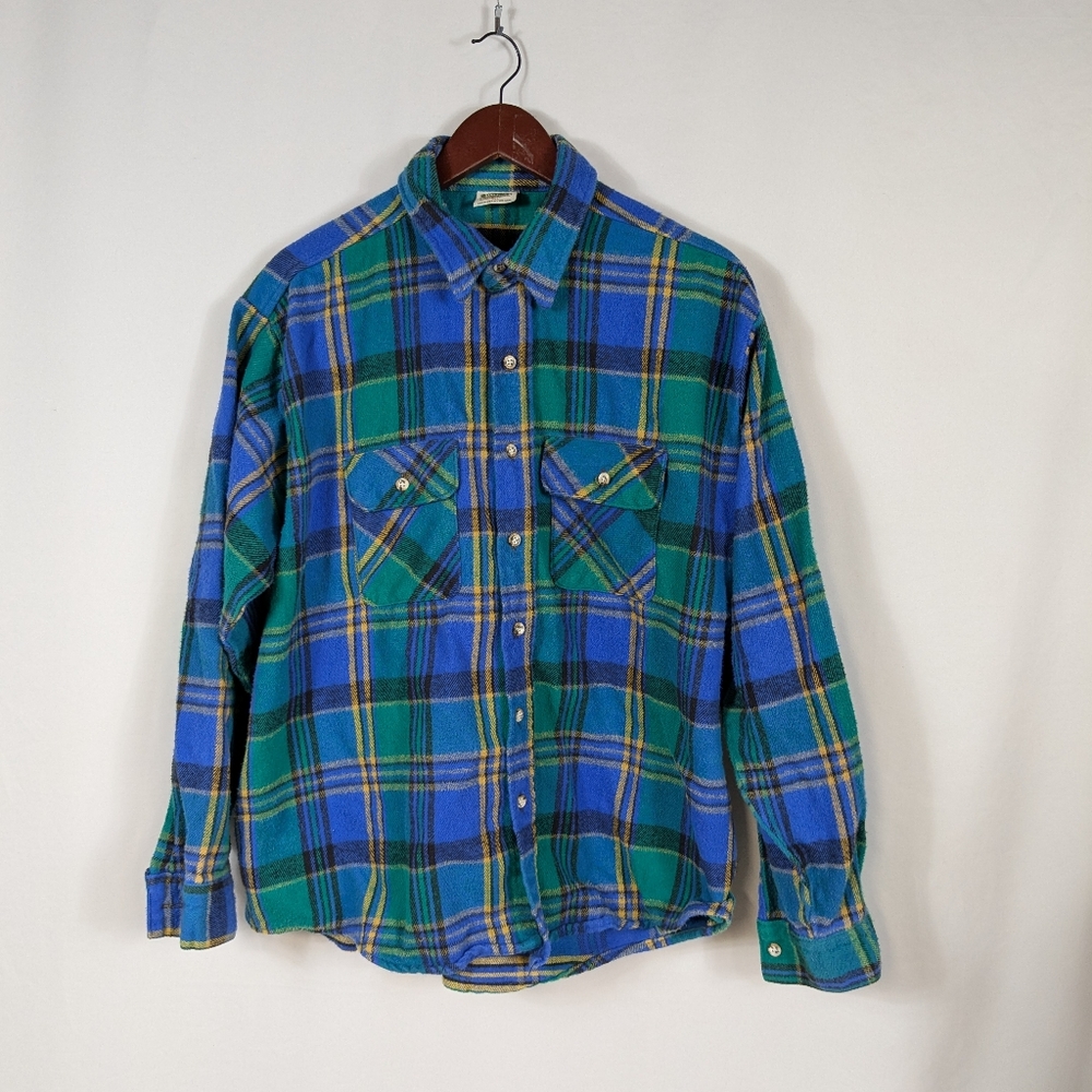 Vintage Five Brothers Flannel Shirt Heavy Blue Plaid Mens Size 2XL Made USA A121